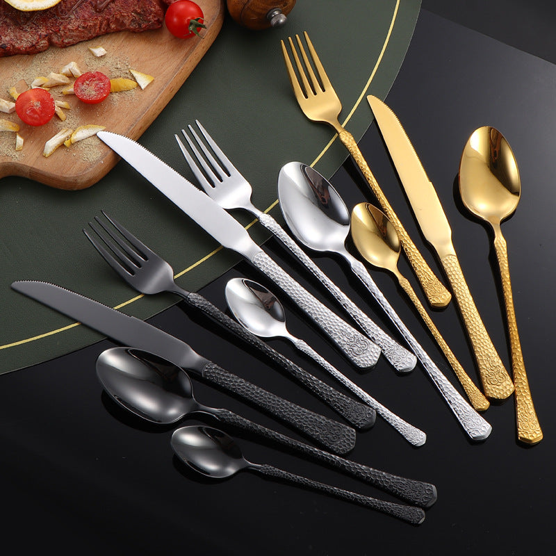 410Stainless Steel Tableware Hotel Restaurant Hammered Knife Fork Spoon24Set of High-End Western Cuisine Embossed Steak Knives and Forks