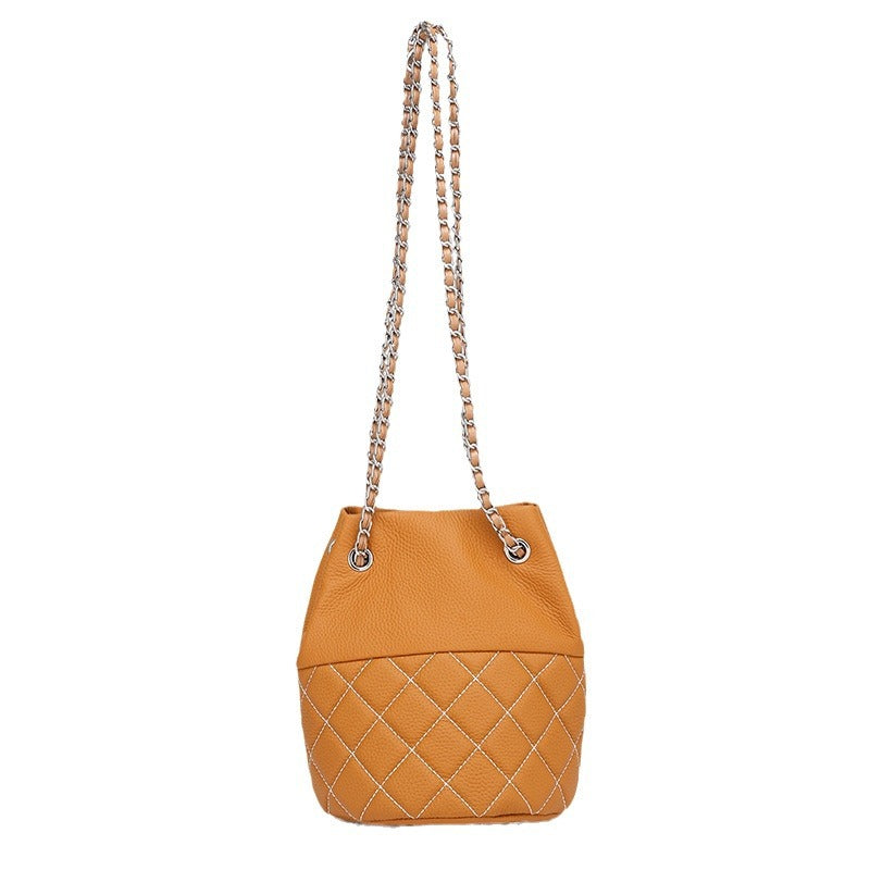 Classic Top Layer Leather Chanel Style Diamond Chain Shoulder Crossbody Women's Bag Fashion Versatile Handheld Bucket Bag for Women