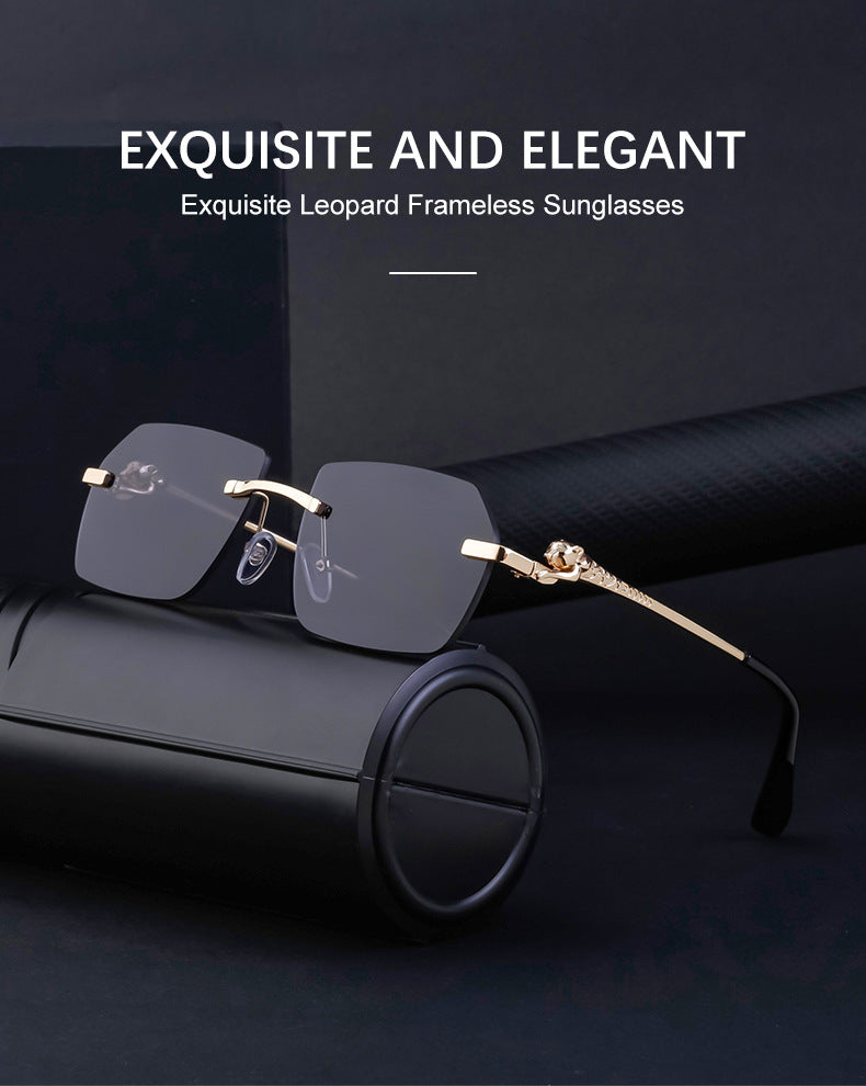 European and American Frameless Cut Edge Leopard Temple Sunglasses for Men Retro Square Frame Driving Sun Protection Sunglasses Wholesale Glasses