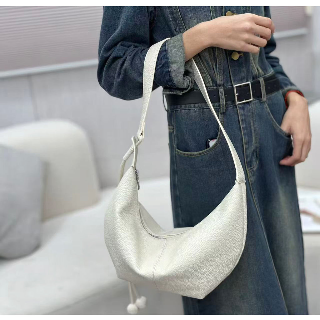 New Genuine Leather Underarm Bag Top Layer Cowhide Horn Dumpling Bag Simple Casual Versatile Single Shoulder Crossbody Bag