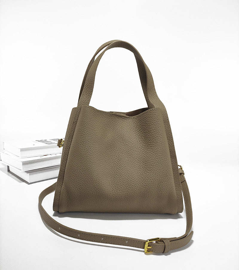 Genuine Leather Basket Bag Handheld Bucket Bag Women's Winter Crossbody Bag Large Capacity Top Layer Cowhide Bucket Style