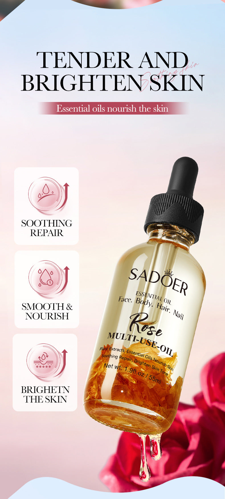 Rose Dried Flower Multi-effect Massage Oil SADOER Moisturizing skin body essential oil cross-border foreign trade wholesale