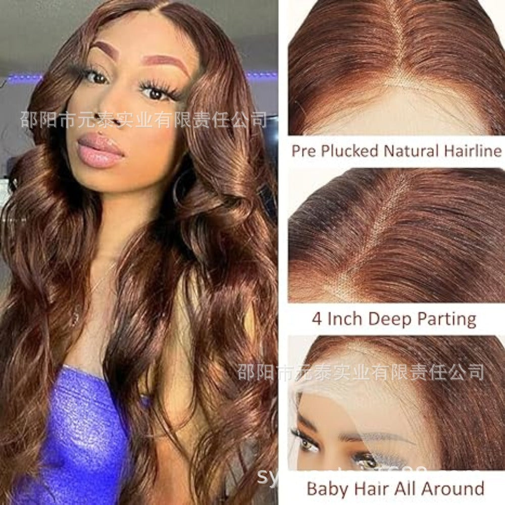 13x4x1Foreign Trade Hot-Selling Wig for European and American Women, Front Lace Wig, Synthetic Chocolate Color, Big Curly Rilley Style