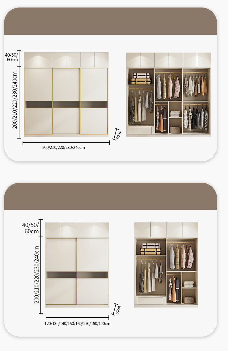 Cream Style Sliding Door Wardrobe Modern Simple Bedroom Home Use Sliding Door Cabinet Light Luxury Sliding Door Coat Wardrobe
