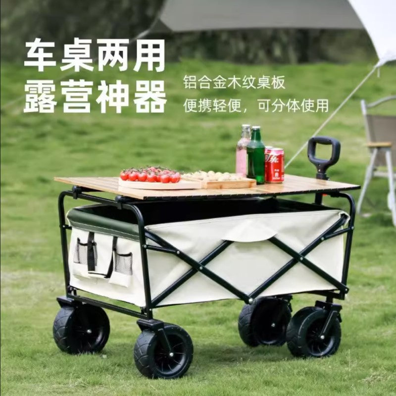 Outdoor Camping Hand-Pulled Stall Cart Reinforced Rear-Opening Picnic Can Be Used at Home with Liftable Table Board Camp Cart Off-Road Wheels