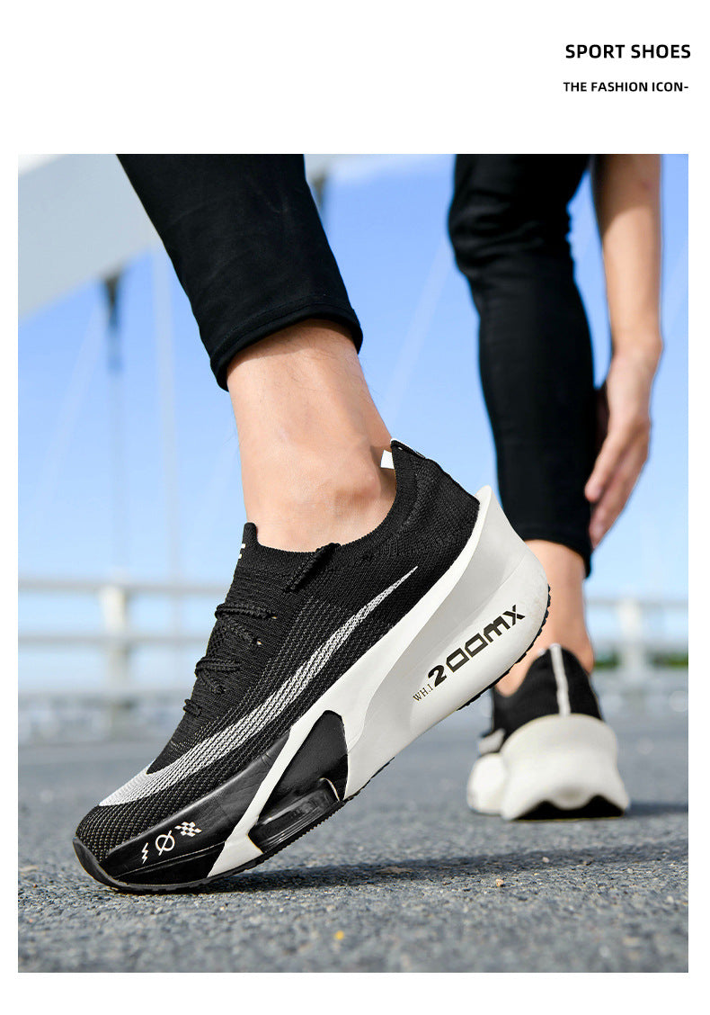 Autumn New High Elastic Double Mesh Breathable Student Training Racing Running Shoes Air Cushion Shock Absorption Full Palm Carbon Plate Sports Shoes
