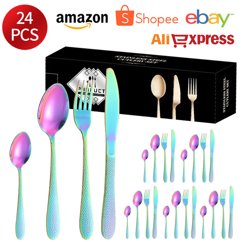 410Stainless Steel Tableware Hotel Restaurant Hammered Knife Fork Spoon24Set of Western Steak Knives and Forks