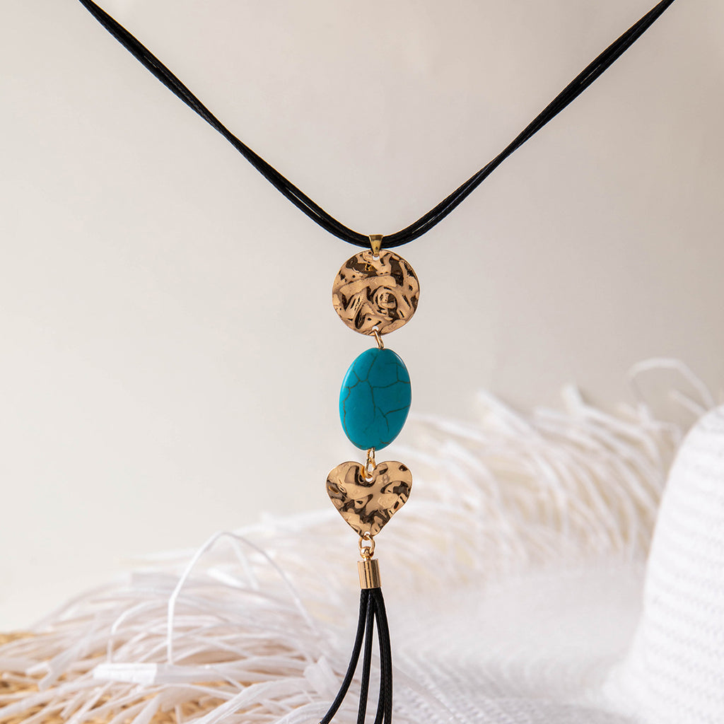 European and American Retro Turquoise Pendant Sweater Chain Design Heart-shaped Women's Autumn Winter Long Tassel Y Type Necklace