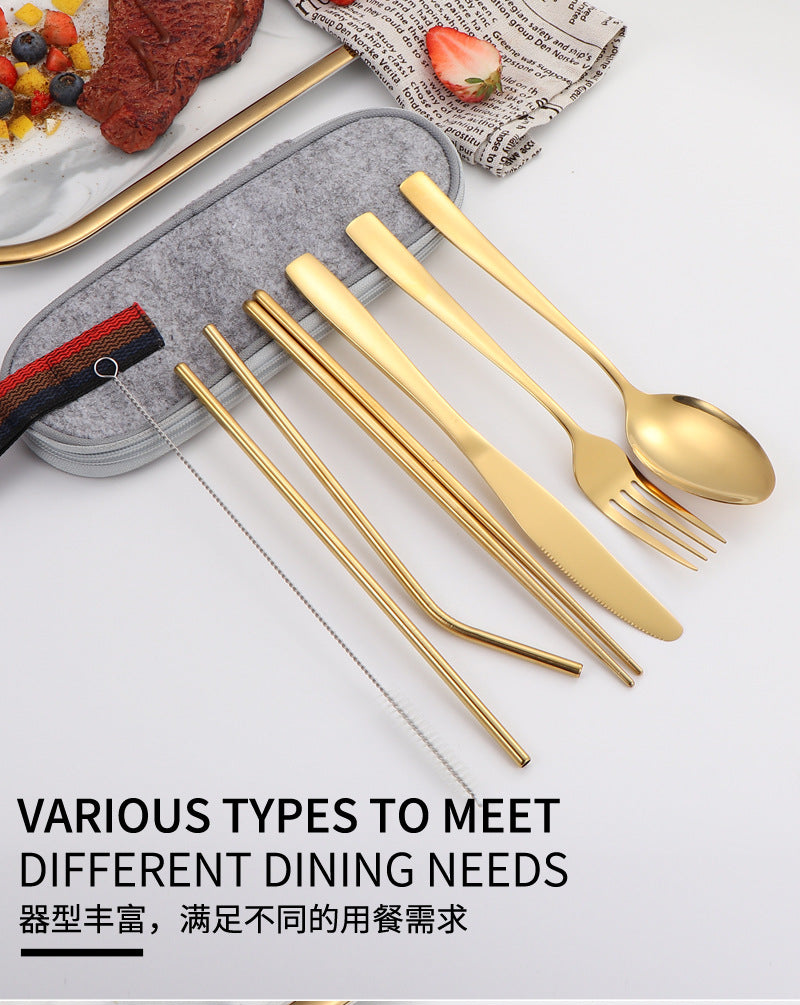 410Stainless Steel Portable Outdoor Camping Tableware Set304Stainless Steel Straw Knife Fork Spoon Chopsticks Seven-Piece Set