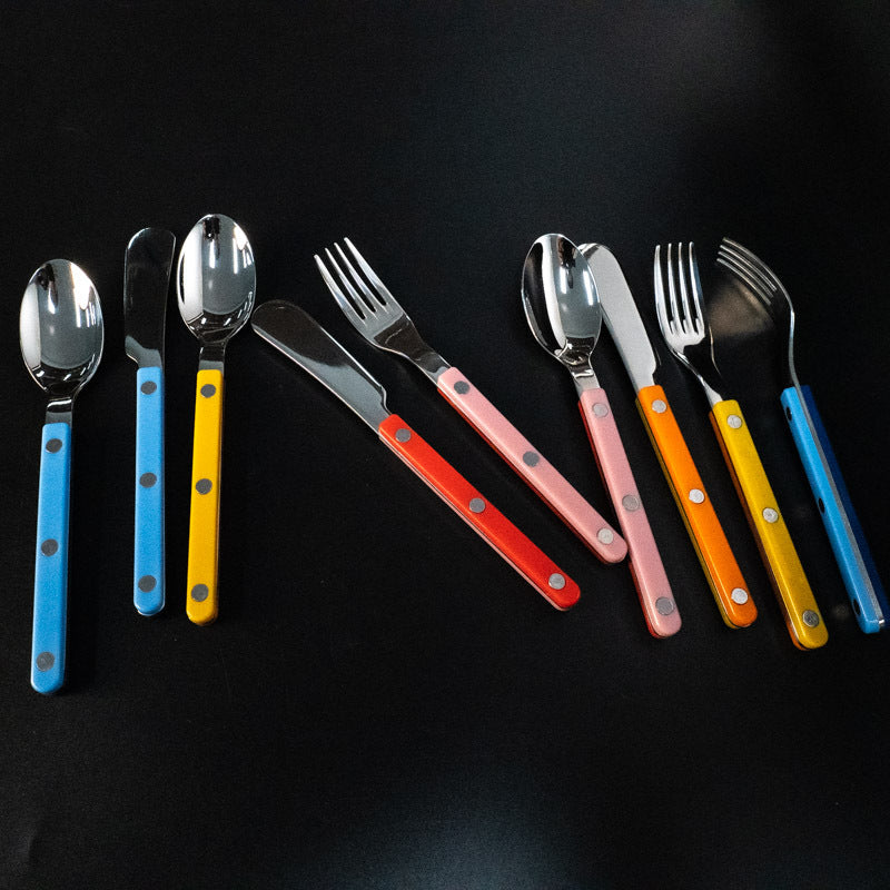 304Mirror Finish Western Tableware Set Color Block Two-Tone Handle Butter Knife Fork Spoon Clip Handle Steak Dessert Spoon Fork