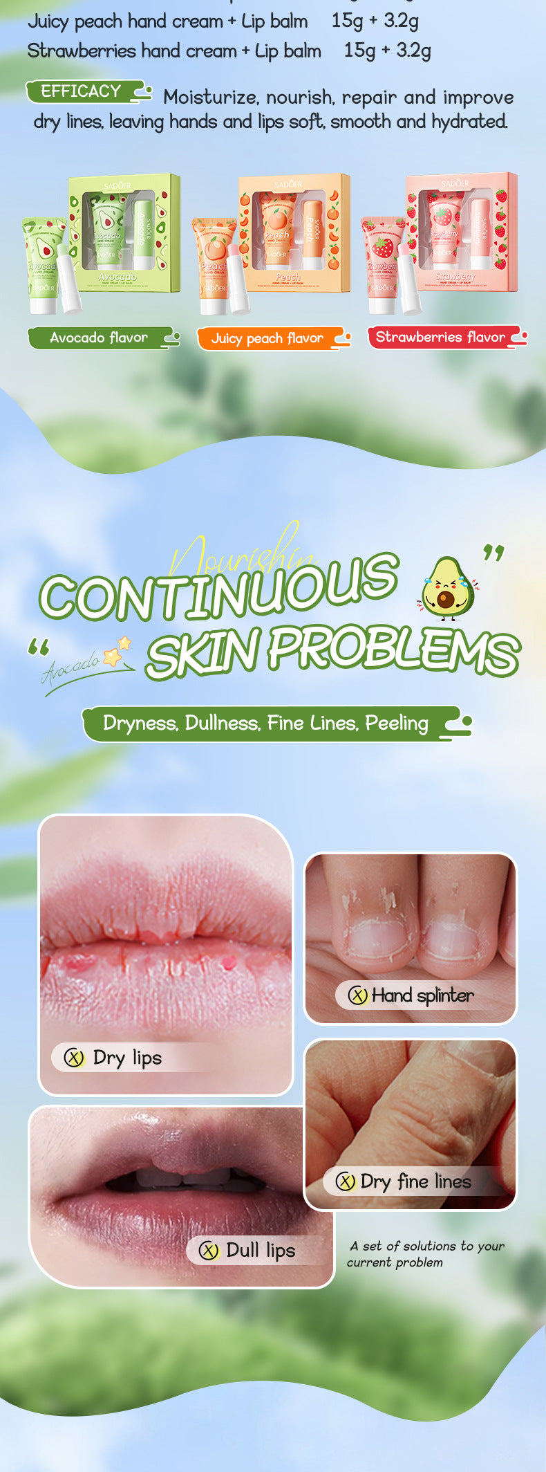 Avocado Hand Cream Lip Balm Set SADOER Nourishing Autumn and Winter Hand Cream Lip Balm Cross-Border Wholesale
