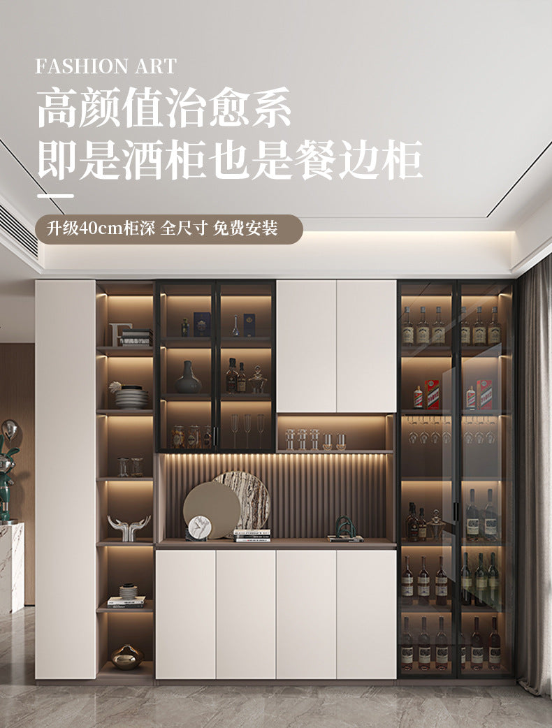 Solid Wood Sideboard Cabinet Against Wall Integrated Modern Minimalist Glass Door Wine Cabinet Dining Living Room Storage Cabinet Home Organizer