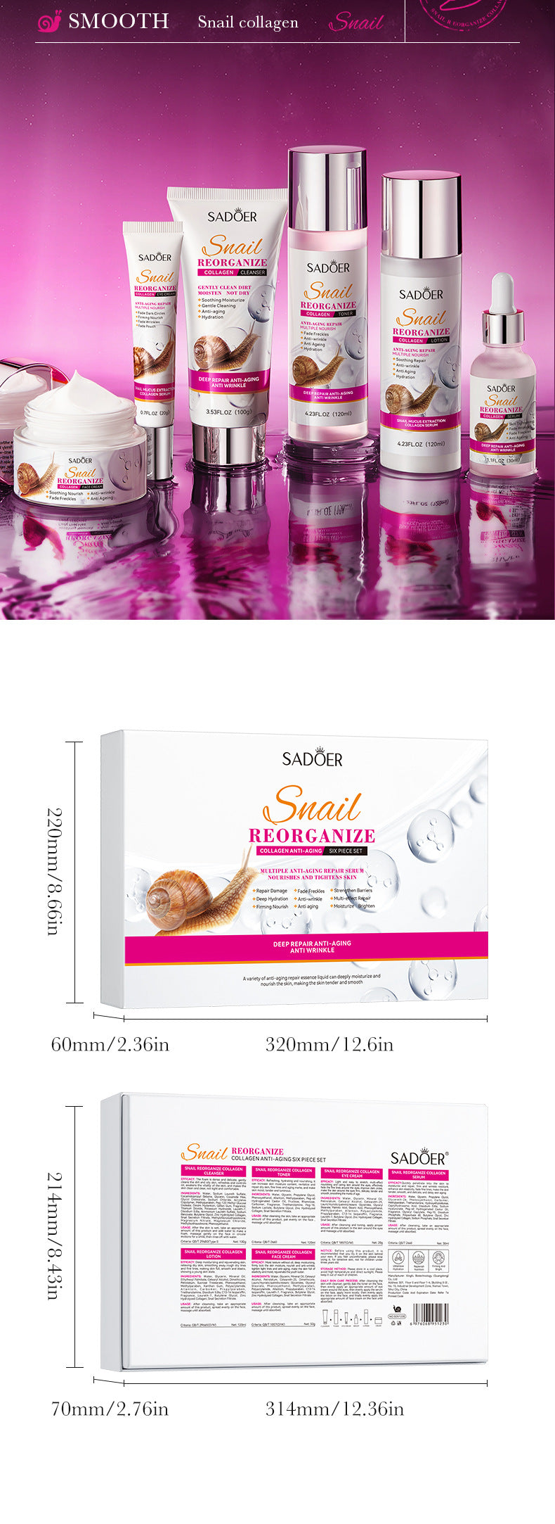 SADOER Snail Restructured Collagen Six-piece Set Moisturizing skin care set  foreign trade wholesale