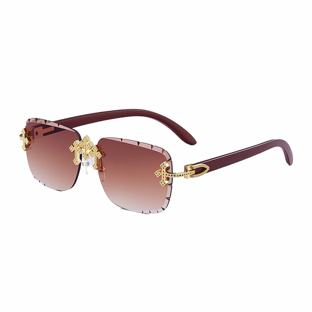 2025New European and American Retro Frameless Sunglasses for Men with Diamond Cut Edge and Imitation Wood Grain Temples Wholesale