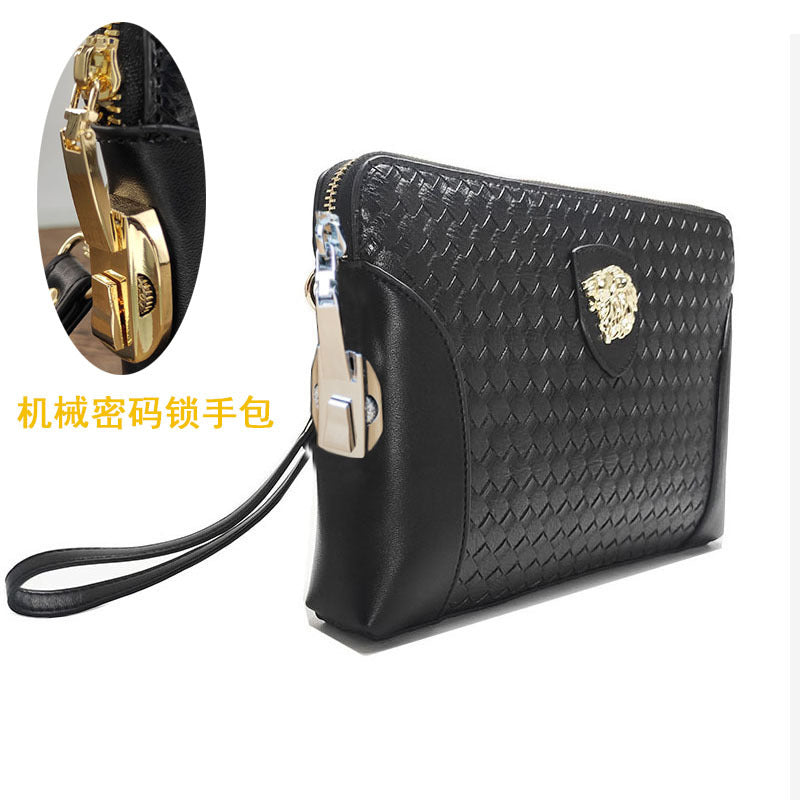 Fingerprint Lock Clutch Bag Large Capacity Business Men's Genuine Leather Handheld Luxury Woven Clutch Portable Fingerprint Unlock