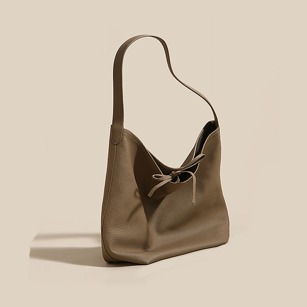 New Large Capacity Genuine Leather Row Bucket Bag Tote Underarm Bag Women's Casual Handheld Single Shoulder Cowhide Bag
