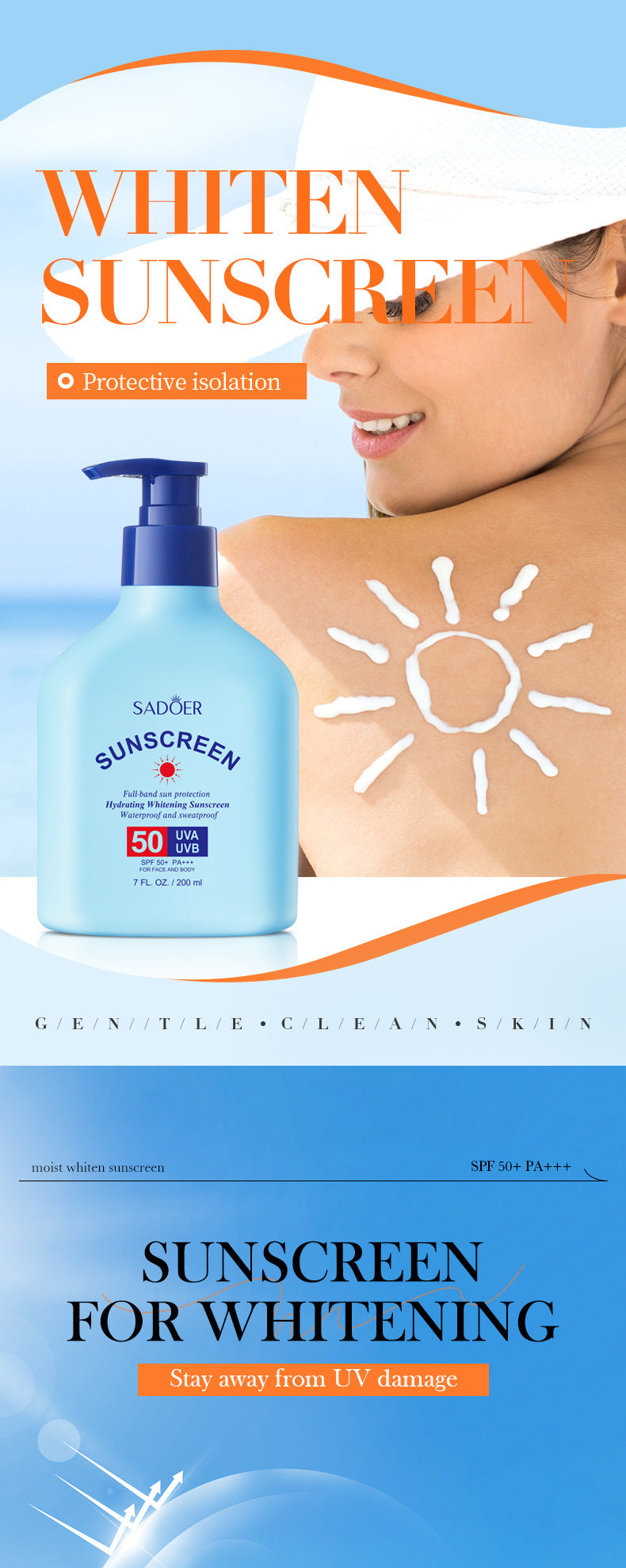 Sunscreen SADOER Hydrating, moisturizing, whitening, refreshing, UV protection sunscreen lotion for cross-border foreign trade wholesale