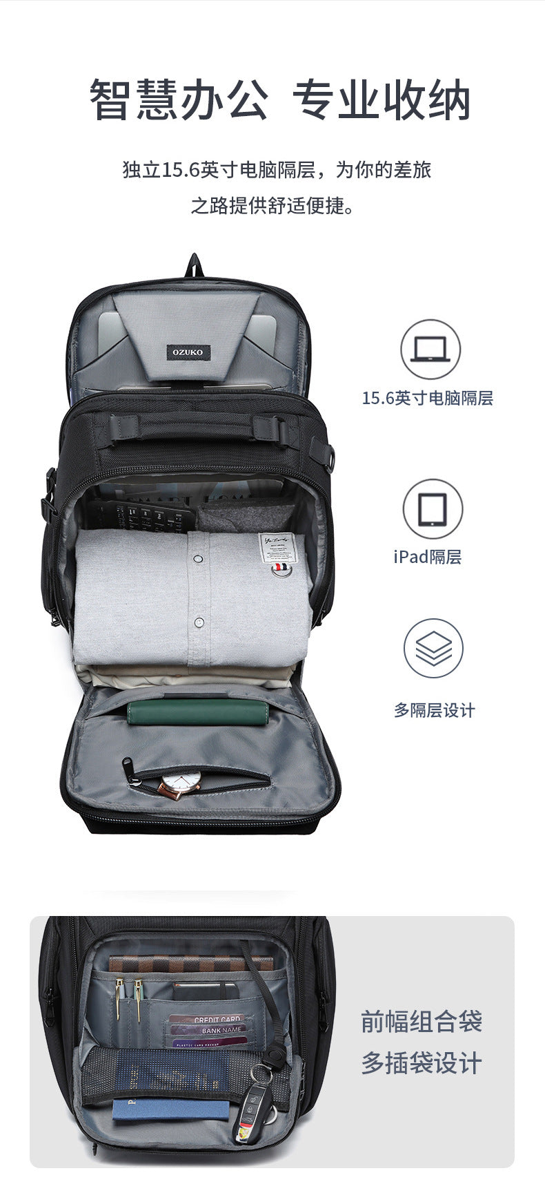 OZUKO Business Backpack Men's Commuting Computer Backpack Waterproof Large Capacity Business Travel Portable Men's Bag