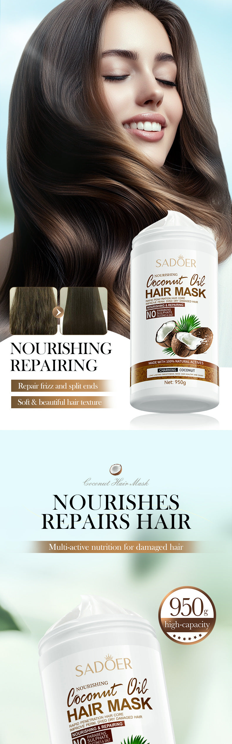 Coconut Nourishing Hair Mask950g SADOER Smooth and Fluffy Hair Conditioner  Wholesale