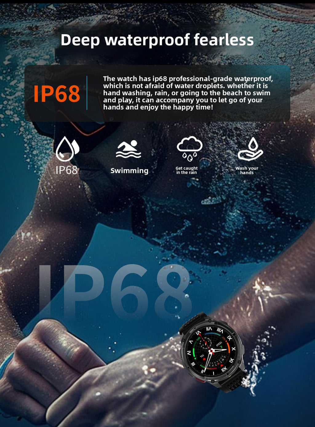 HT33Smart Watch Bluetooth Call True Heart Rate Step Count Sleep Monitoring Compass Deep Waterproof Sports Three-Proof