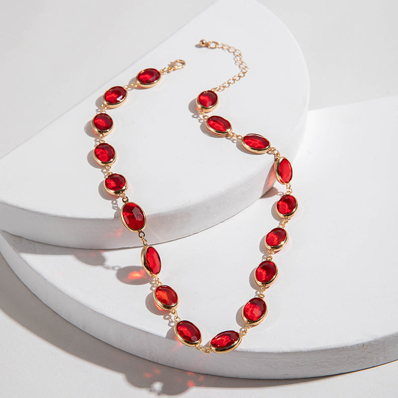 European and American Jewelry Red Diamond Cross Pendant Pearl Necklace Geometric Oval Red Diamond Necklace Wholesale