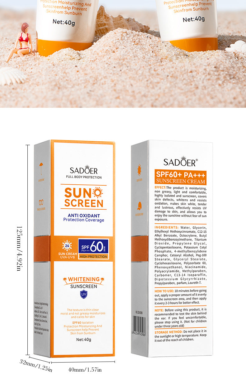 SPF60+Sunscreen40g SADOER Isolation UV Protection Sunscreen Lotion  Wholesale