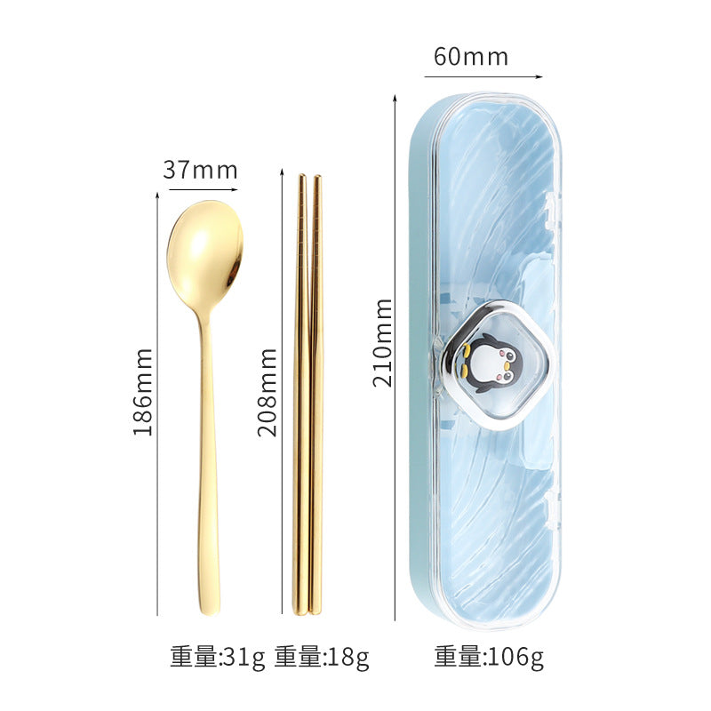 304Stainless Steel Tableware Student Cartoon Portable Tableware Set Work Outdoor Fork Spoon Chopsticks Three-piece Set
