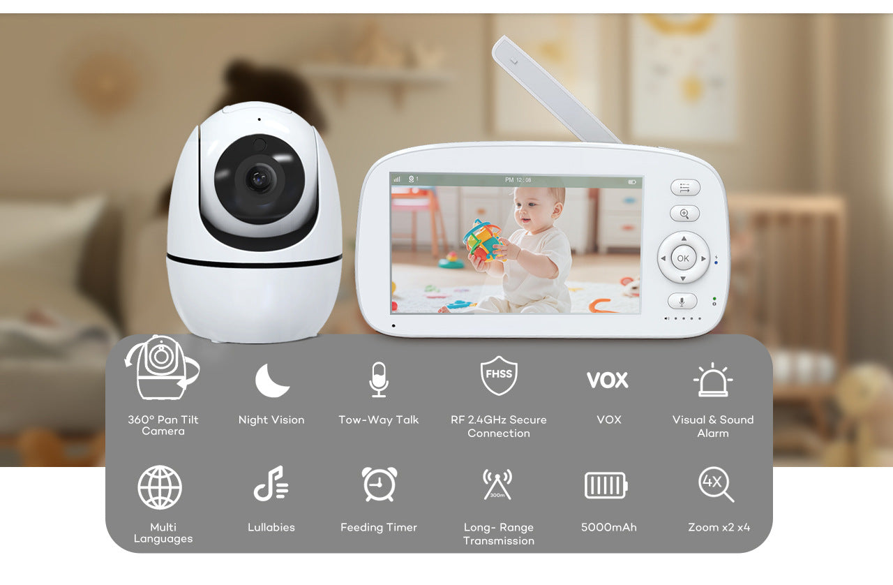 5.0Inch Digital Children's Night Vision Monitor Lullaby Intercom Room Temperature Detection HD Wireless Baby Monitor