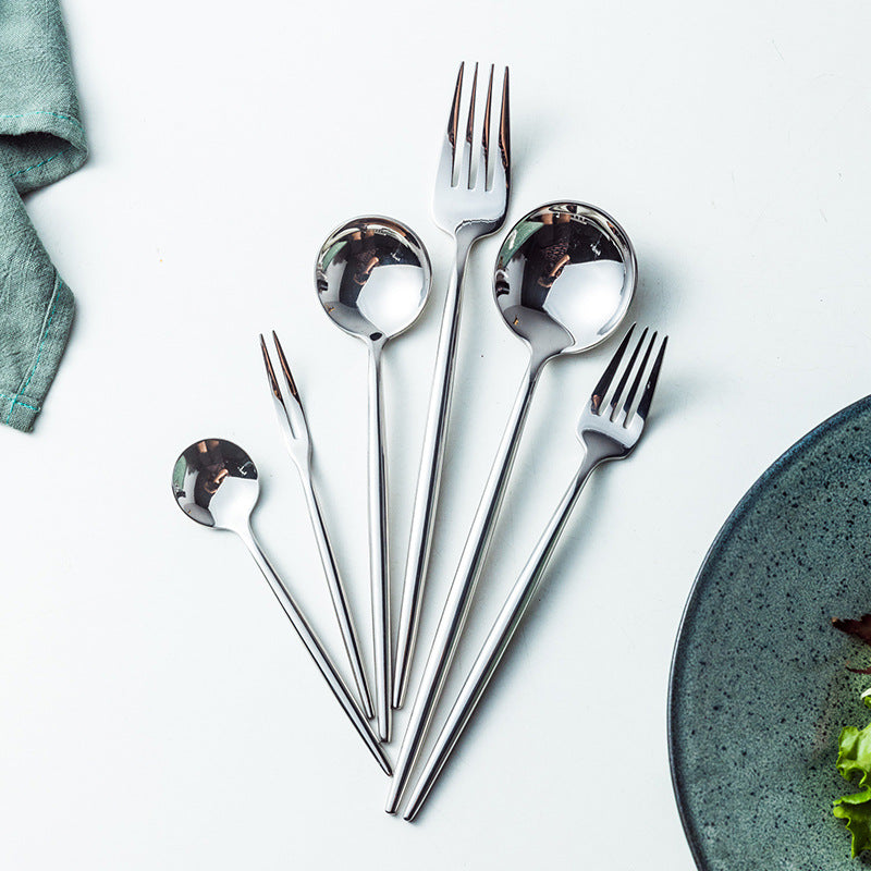 Portuguese Tableware304Glossy Round Handle Main Dinner Knife Fork Spoon Thick Mirror Dessert Spoon Fruit Fork Ice Spoon