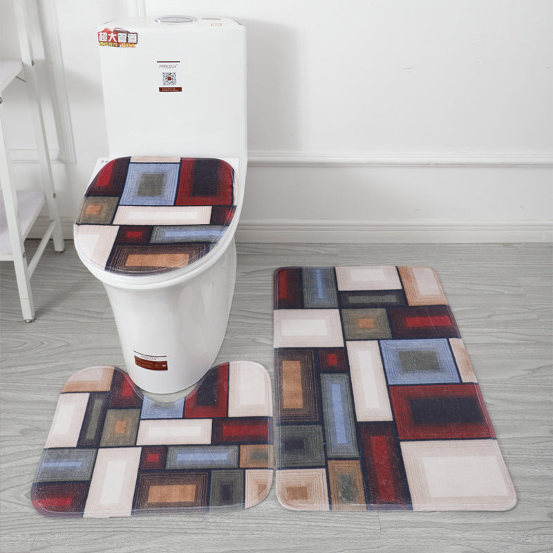 Coral Fleece Toilet Three-Piece Set Bathroom Mat Flannel Water Absorption Non-Slip Foot Mat Manufacturer Label