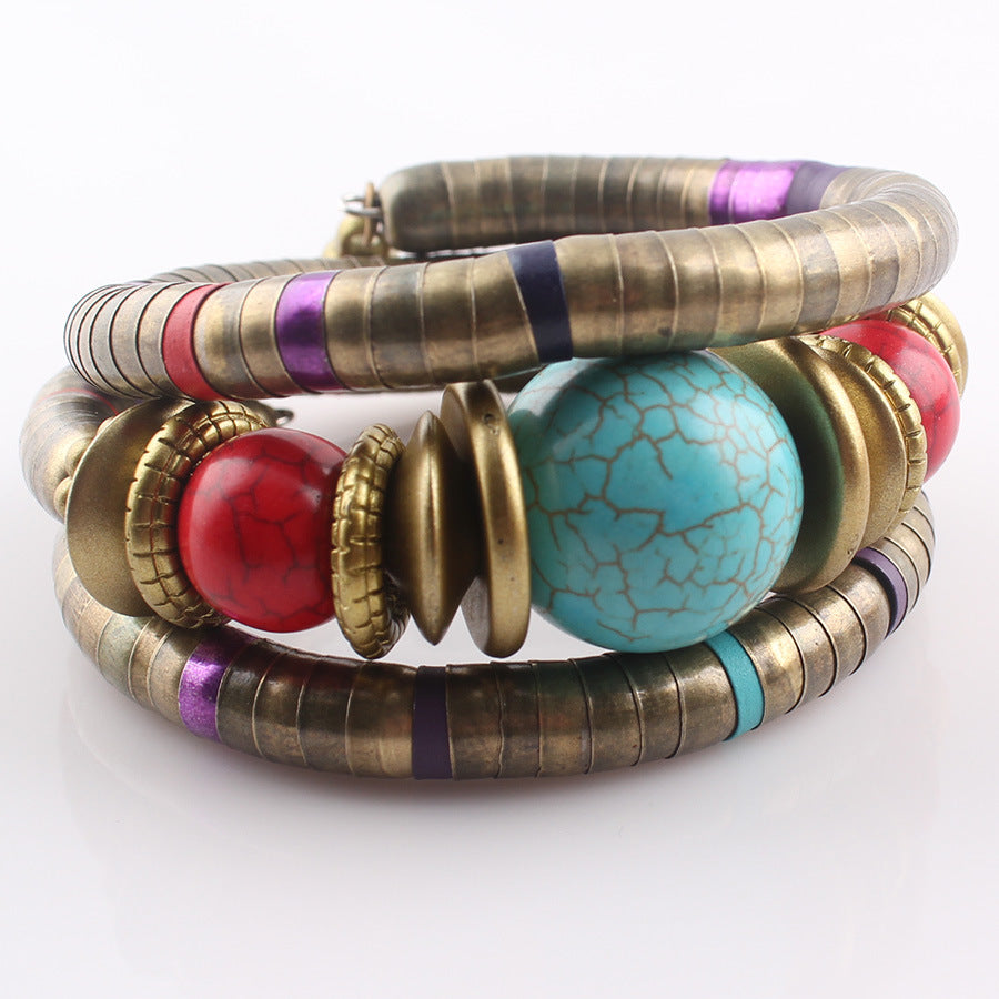 European and American Three-Circle Bracelet Creative Spacer Bead Elastic Snake Bone Bracelet Women's Layered Multi-Layer Bracelet