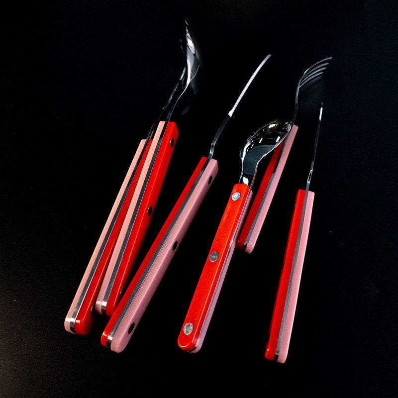 304Mirror Finish Western Tableware Set Color Block Two-Tone Handle Butter Knife Fork Spoon Clip Handle Steak Dessert Spoon Fork