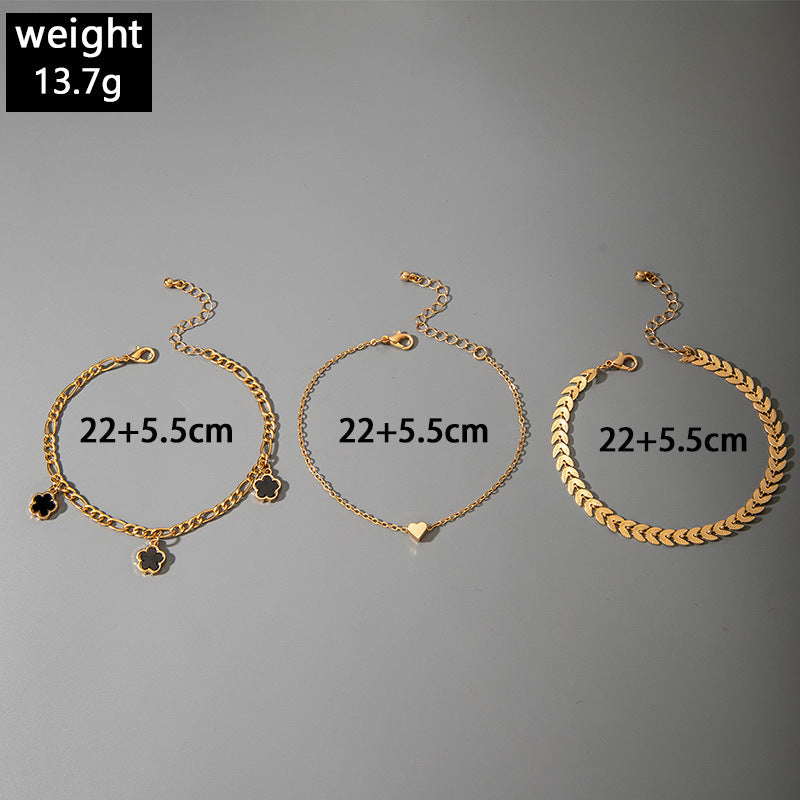 European and American Fashion Alloy Inlaid Diamond Five-Leaf Clover Bracelet Jewelry Three-Piece Set Simple Geometric Smooth Bracelet Wholesale