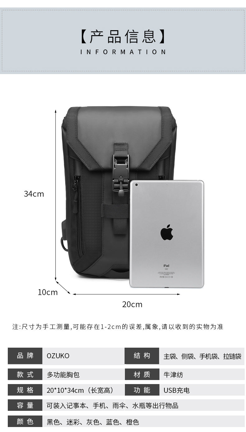 OZUKO Men's Chest Bag Trendy Brand USB Crossbody bag, water-resistant, lightweight, large capacity, single shoulder bag, outdoor chest bag