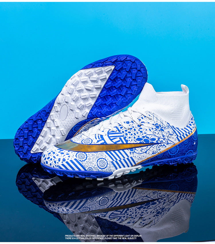 World Cup Same Style Blue and White Porcelain High-top Soccer Shoes for Men and Women, Children and Youth Competition Training Shoes