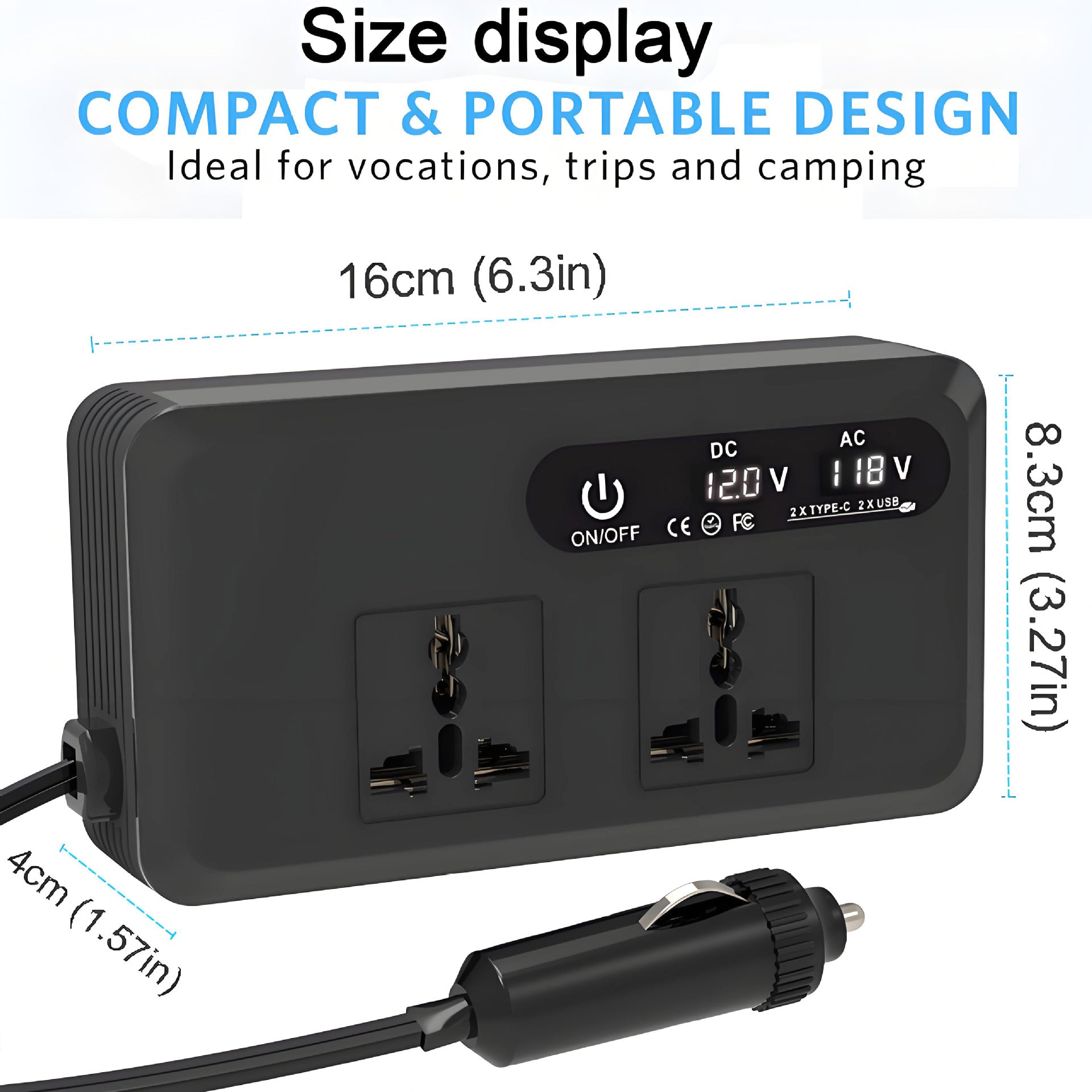 Universal Socket Car Inverter200W Hot Sale12V Turn110V/220V Double USB Double Type-C