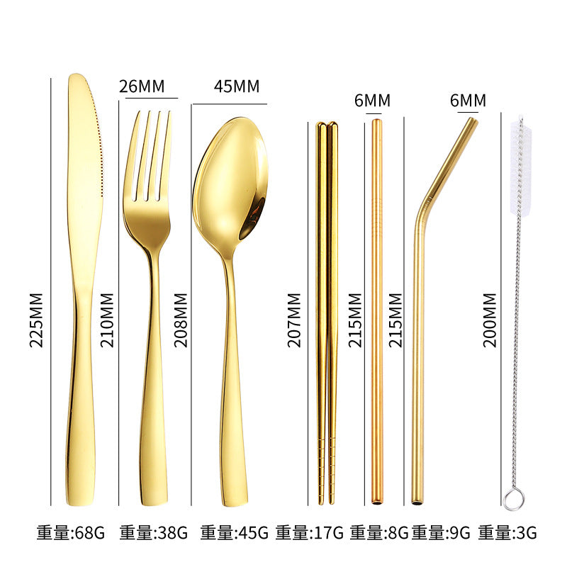 410Stainless Steel Portable Outdoor Camping Tableware Set304Stainless Steel Straw Knife Fork Spoon Chopsticks Seven-Piece Set