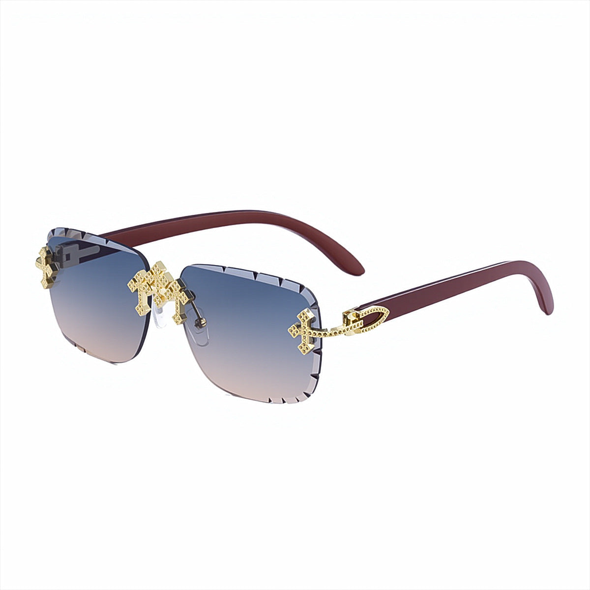 2025New European and American Retro Frameless Sunglasses for Men with Diamond Cut Edge and Imitation Wood Grain Temples Wholesale