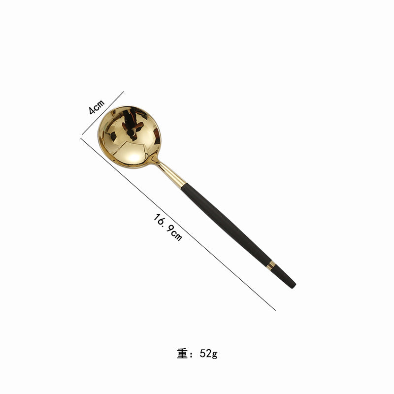 304Stainless Steel Portuguese Tableware Creative Lathe Craft Glossy Mirror Black Gold Round Spoon Dessert Spoon Fork