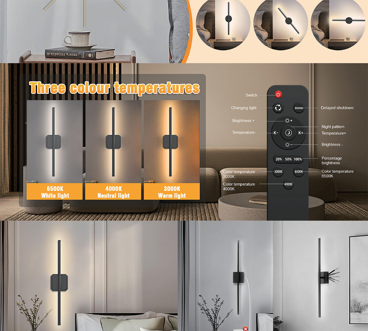 Rechargeable Two-tone Wall Lamp Indoor Wall Lamp Bedroom Bedside Wall Lamp Staircase Wall Lamp No Wiring Wall Lamp Long Strip Wall Lamp