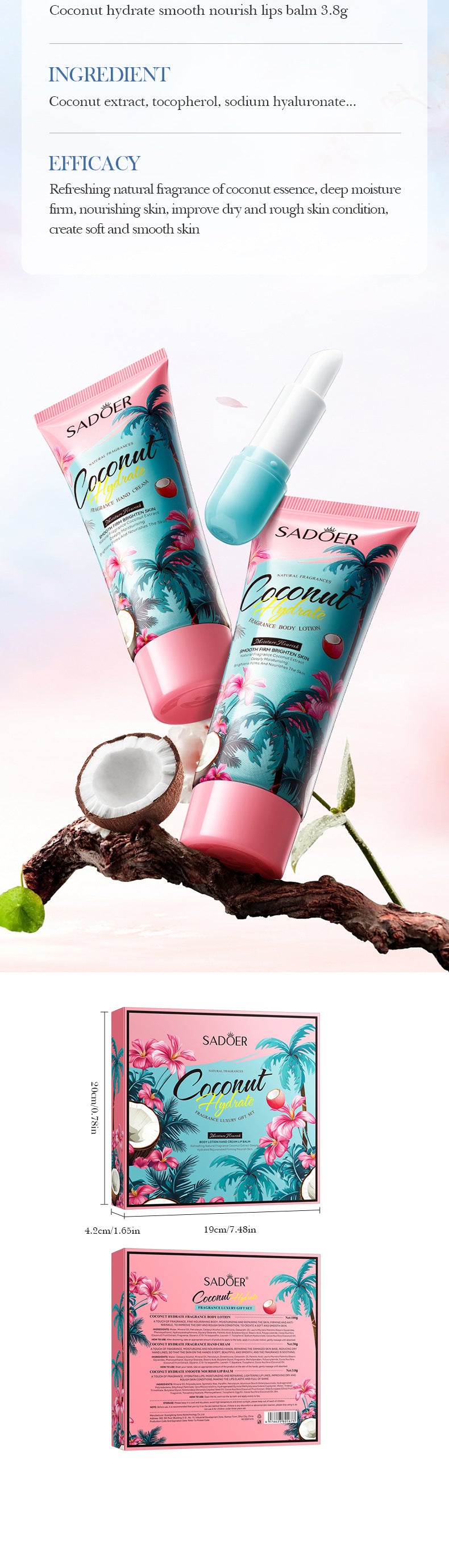 Coconut Fragrance Luxury Care Gift Box SADOER Hydrating Body Lotion Hand Cream Lip Balm  Wholesale