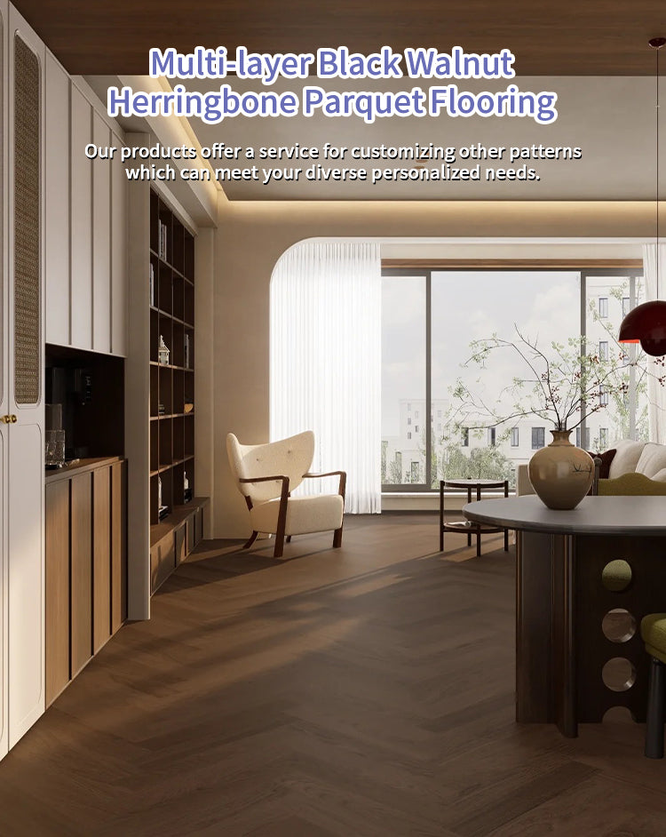 Customizable 12mm Black Walnut Herringbone Engineered Wood Flooring | Waterproof Anti-Slip for Outdoor Hotel Office Interiors