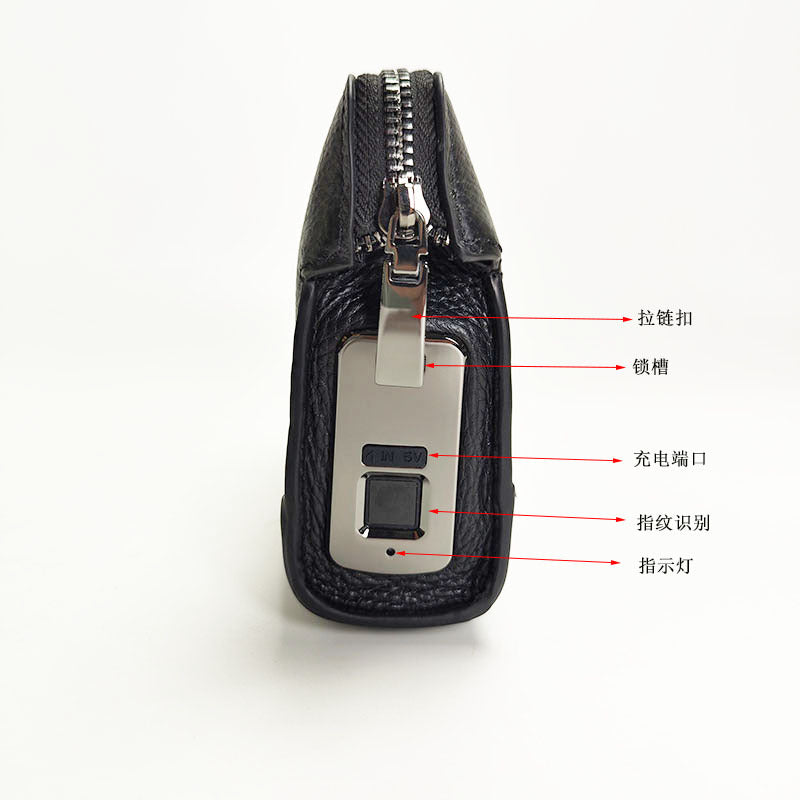 Fingerprint Lock Clutch Wrist Strap Handheld Bag for Phone Men's Business Genuine Leather Handbag Portable Fingerprint Unlock