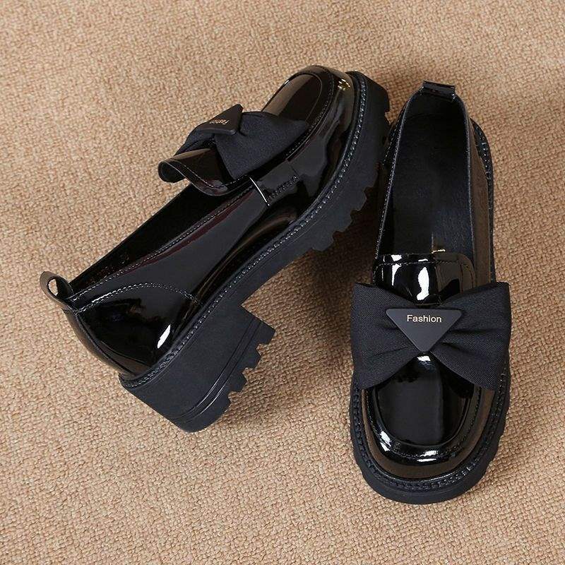 Women's Thick-Soled Loafers2025New Spring Mid-Heel Versatile Women's Shoes with Bowknot and Shiny Leather