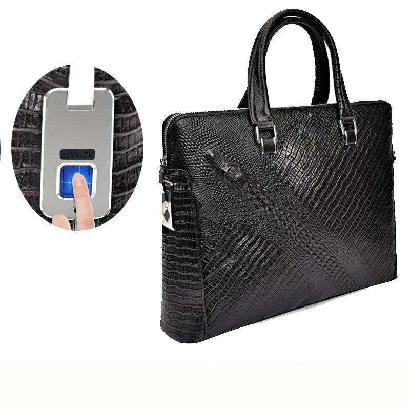 Fengeluoer Fingerprint Lock Bag Genuine Leather Men's Business Briefcase High-end Crocodile Pattern Top Layer Cowhide Handbag