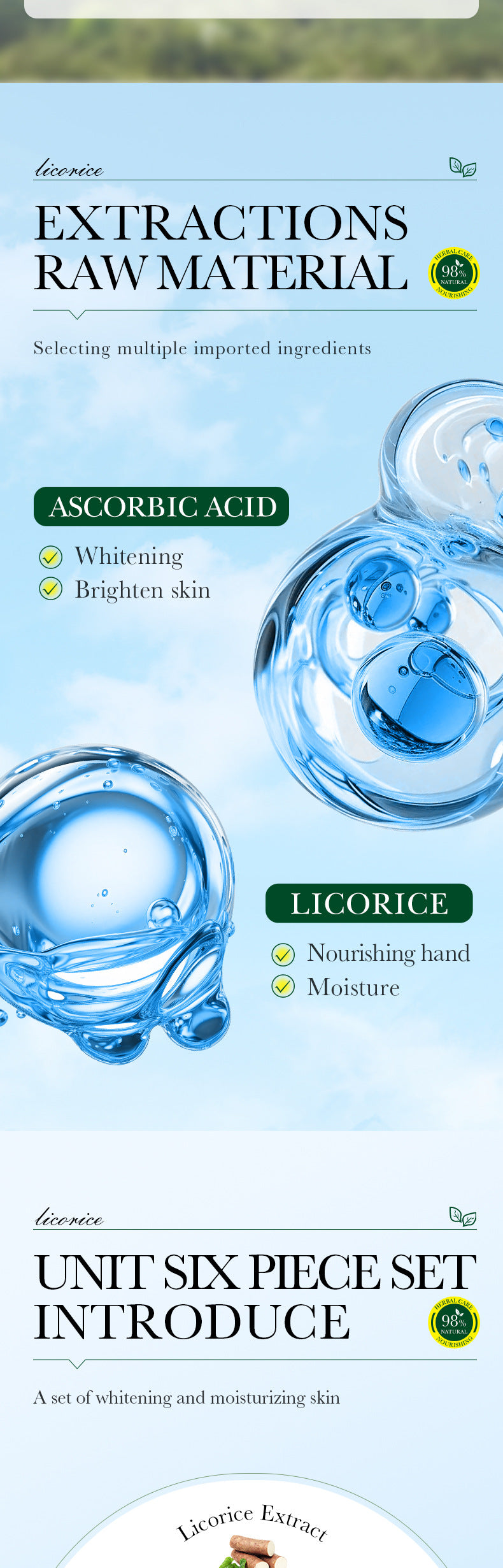 Licorice VC Skin care set SADOER Whitening, hydrating, skin rejuvenation, nourishing six-piece set for cross-border foreign trade wholesale
