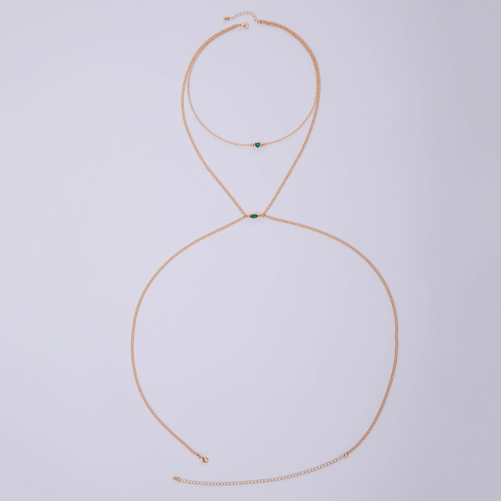 Trendy Simple Men's Body Chain Necklace Fashion Imitation Emerald Heart Hollow Chest Chain with Diamonds