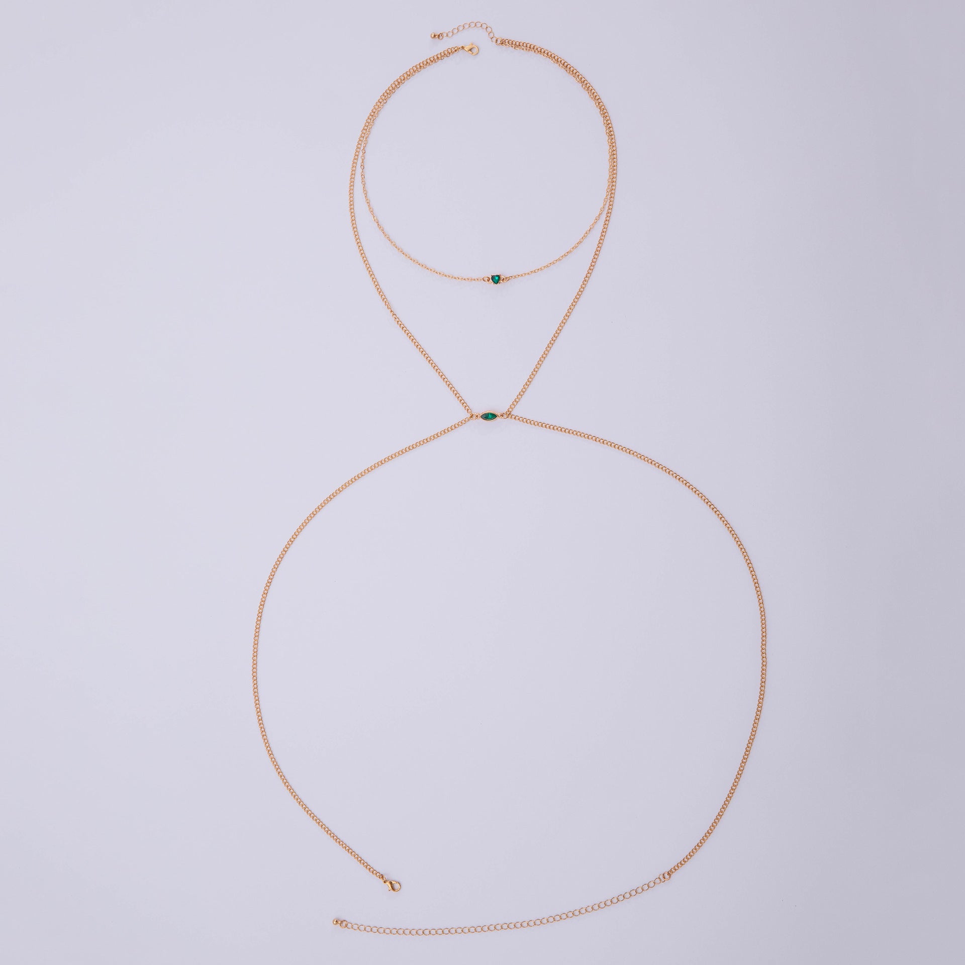 Trendy Simple Men's Body Chain Necklace Fashion Imitation Emerald Heart Hollow Chest Chain with Diamonds