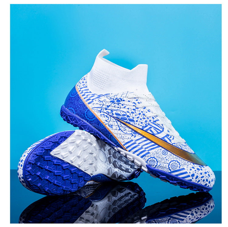 World Cup Same Style Blue and White Porcelain High-top Soccer Shoes for Men and Women, Children and Youth Competition Training Shoes