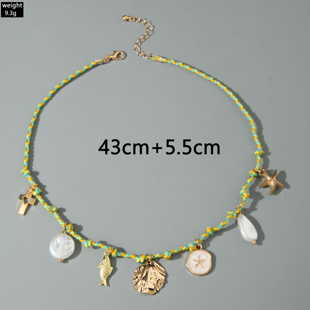 European and American Ornament Fashion Ocean Style Shell Alloy Pendant Braided Necklace Bohemian Shell Jewelry